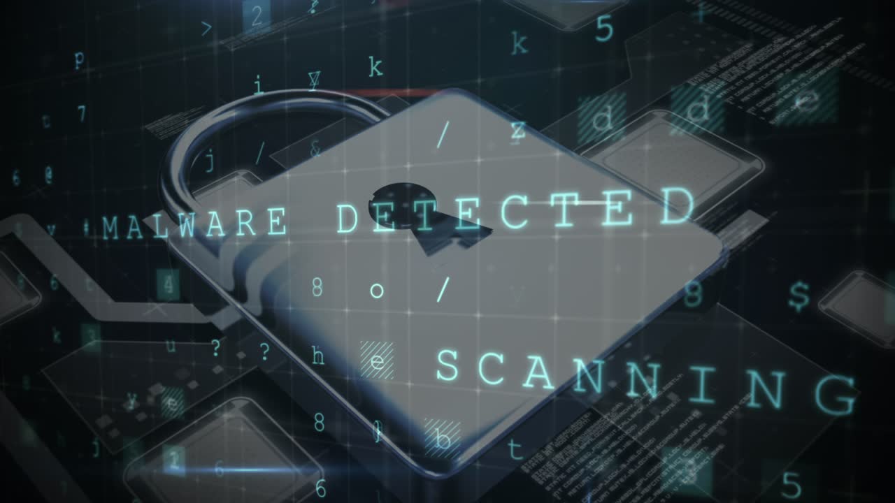 Animation af sikkerheds hængelås over databehandling på mørk baggrund