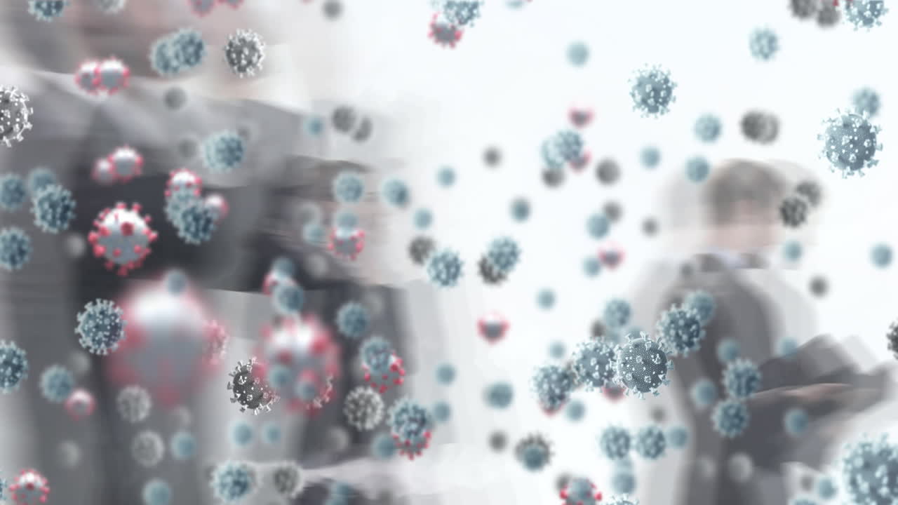 바쁜 사무실에서  ⁇ 고 있는 사람들 위에 있는 코로나 19 세포의 애니메이션