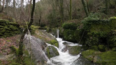 Lush-Mini-Waterfall-in-Barrias,-Felgueiras,-Portugal---aerial