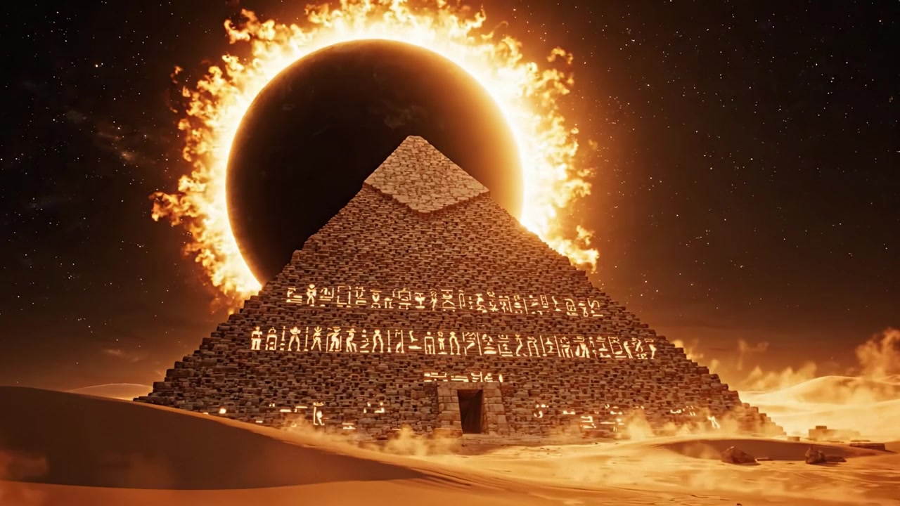 Enigmatická pyramida osvětlená ohnivým zatměním Slunce, vyzařující mystickou auru v pouštní krajině pod noční oblohou.