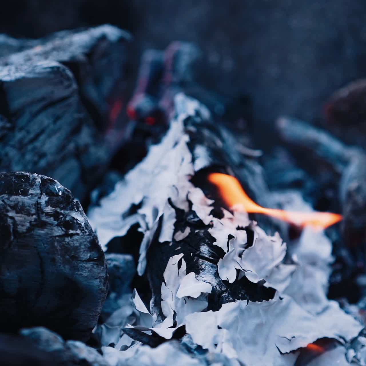 Dark smoldering logs after burned fire. Firewood and embers burning slightly. Close-up. Slow motion.