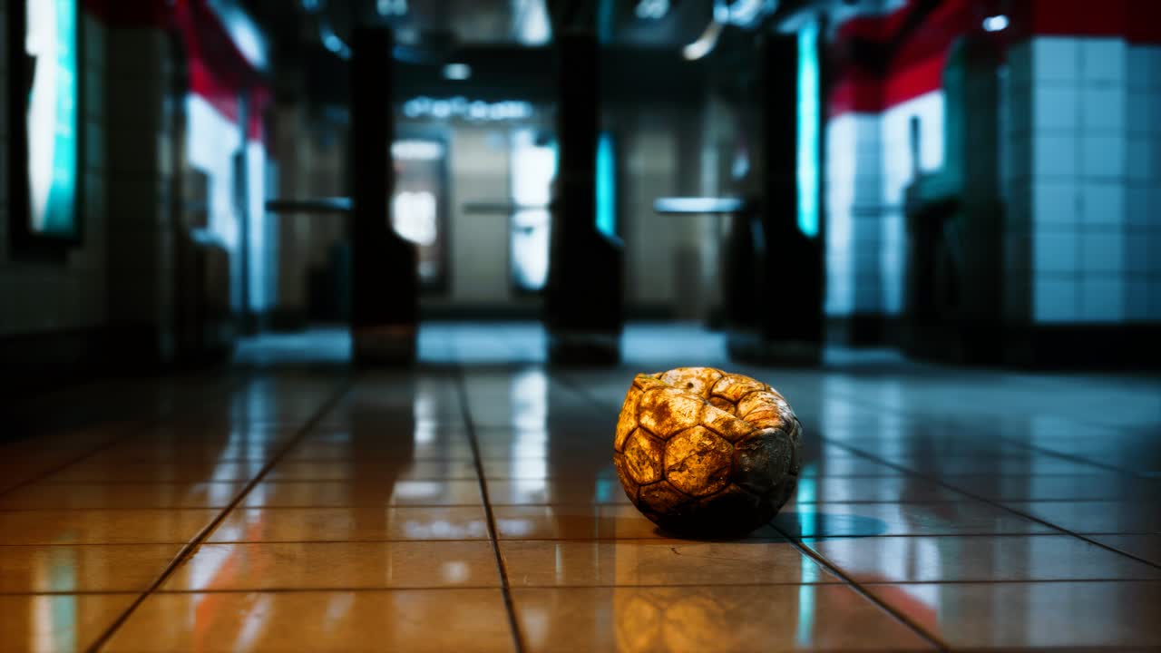 vecchia palla da calcio in una metropolitana vuota