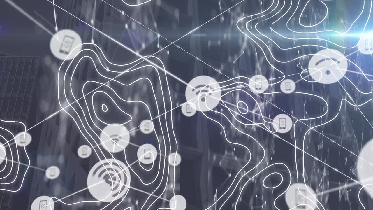 Animation of network of connections with icons and shapes over buildings