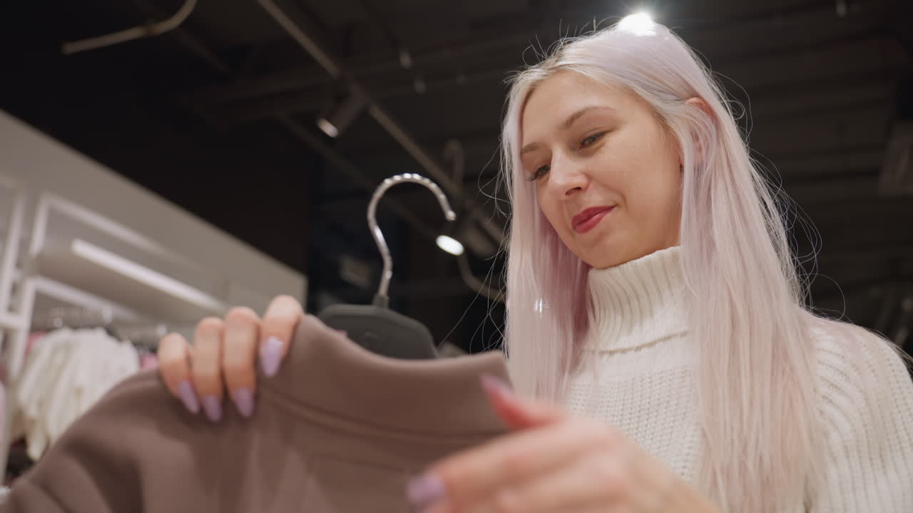 Cheerful customer in knit sweater examines brown fleece coat on hanger under warm boutique lighting, gently feeling plush texture and inspecting quality with manicured hands before hanging it back