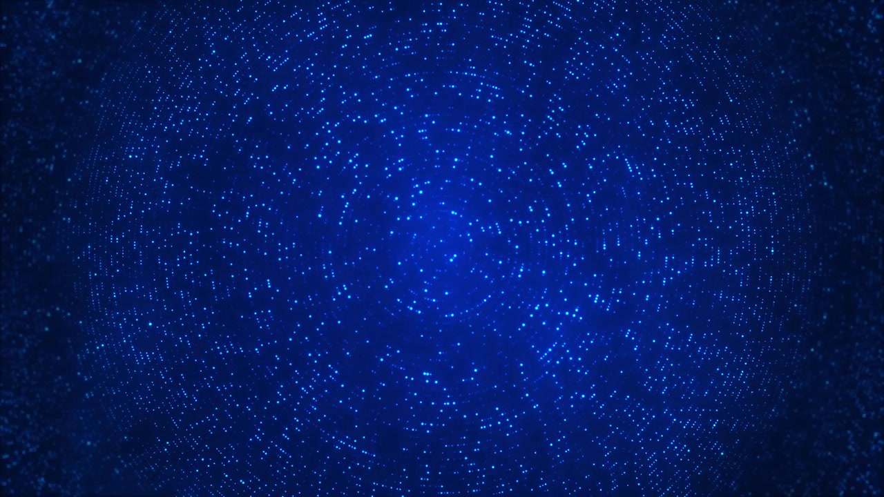 Immagine visiva di un tunnel sferico a punti digitali con particelle blu luminose, profondità a vortice circolare e astratto
