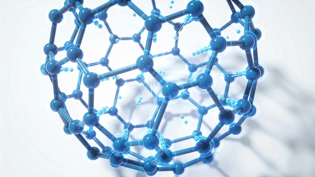 Rotating blue molecular sphere after luminous particle burst, revealing network on white backdrop