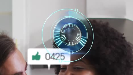 animation of round scanner and social media icons over mid section of biracial couple talking