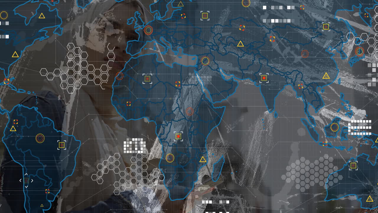 Technology professional scanning tablet in interface, interacting with hex grids and warning icons