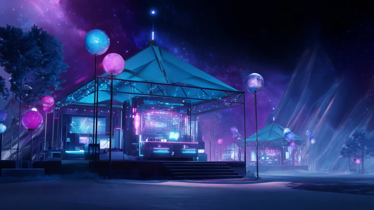En fascinerende natscene, der skildrer et levende og farverigt udendørssted oplyst af glødende lanterner og neonlys, sat mod en fantastisk kosmisk baggrund fyldt med stjerner og hvirvlende galakser, hvilket skaber en fortryllende atmosfære.