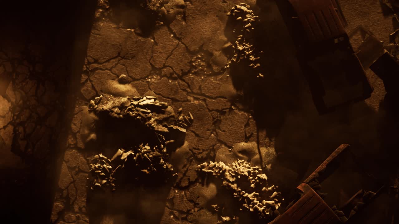 una distópica ciudad en ruinas destruida al atardecer, con escombros, coches dañados, humo y fuego, animación 3d, escena animada, cámara de vista superior zoom out