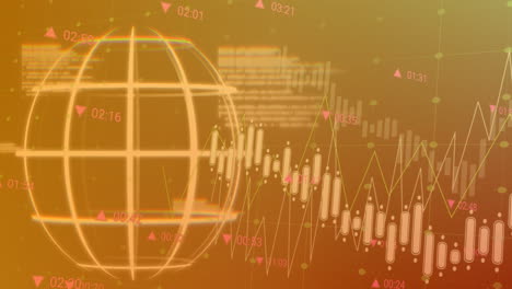 animation of spinning globe and data processing over grid network against orange gradient background