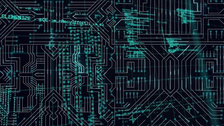 Animation of data processing over computer circuit board on black background