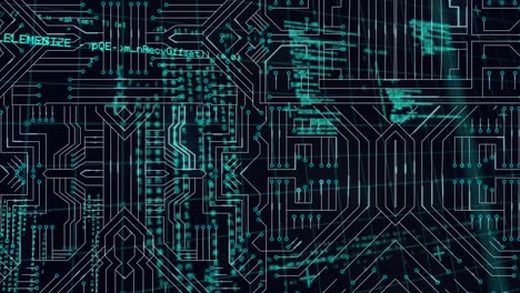 animación del procesamiento de datos sobre una placa de circuito de computadora sobre un fondo negro
