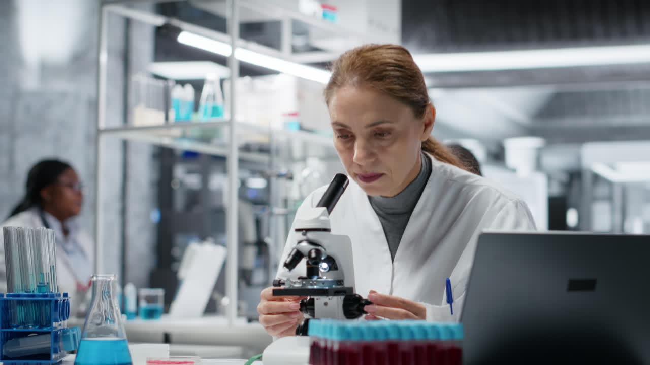 Tecnólogo clínico analisando lâmina de biópsia de paciente com microscópio