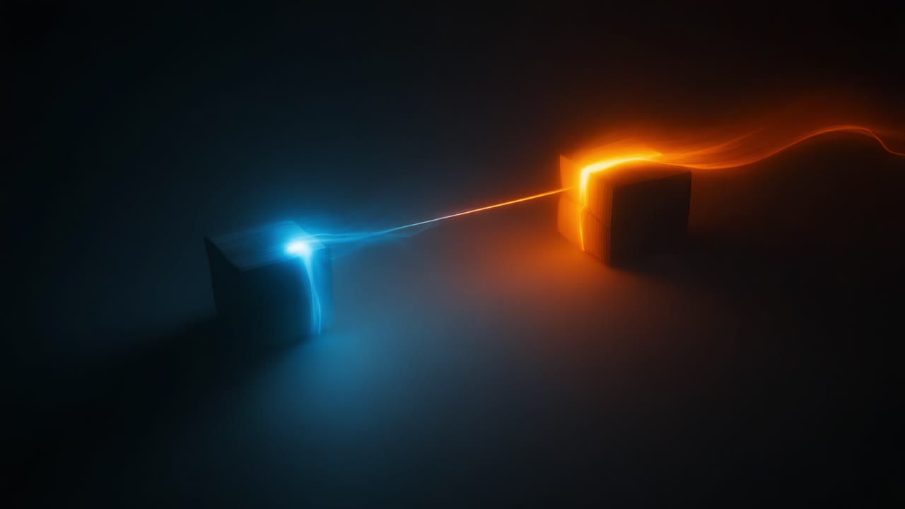A captivating display of duality and connection, featuring glowing blue and orange cubes linked by a shimmering beam of light, embodying the contrast between opposites in a surreal setting