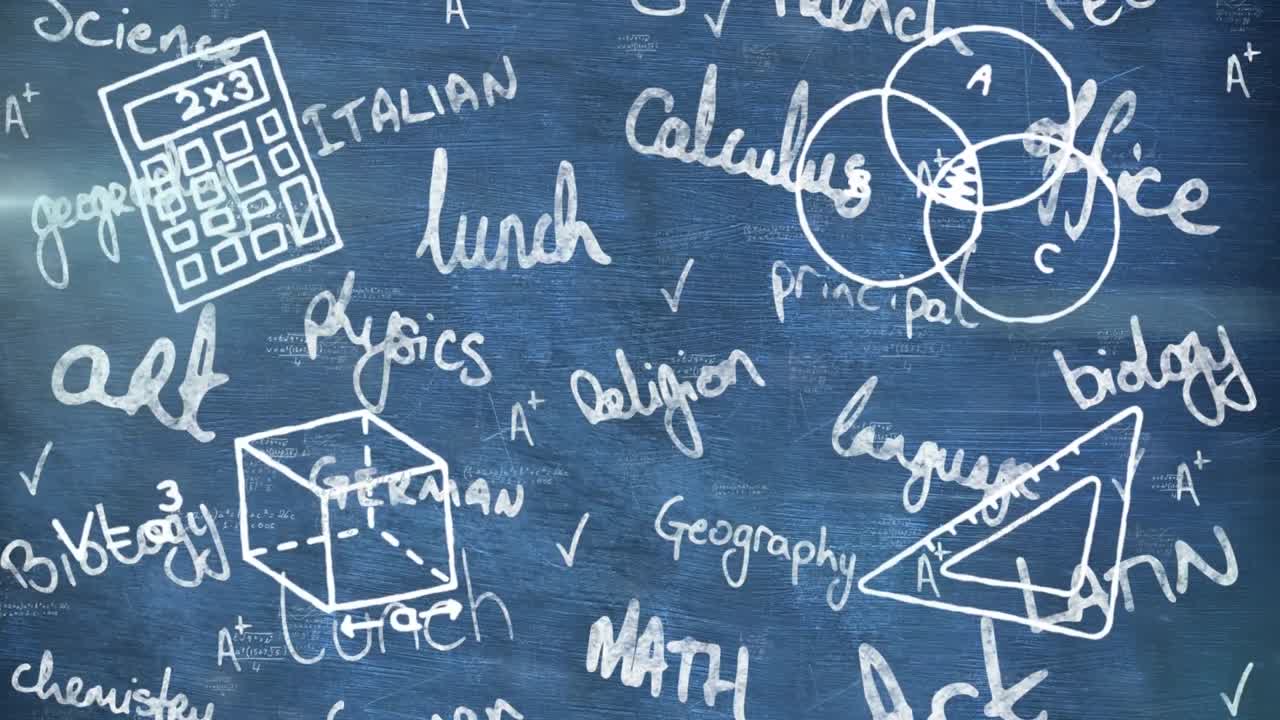 Mathematical equations floating against school concept icons and text on blue background