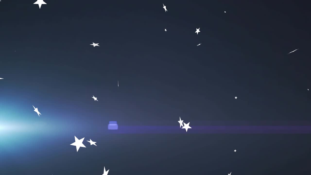 Blue flare with purple beam appearing, white stars emerging, drifting clustering for cosmic effect