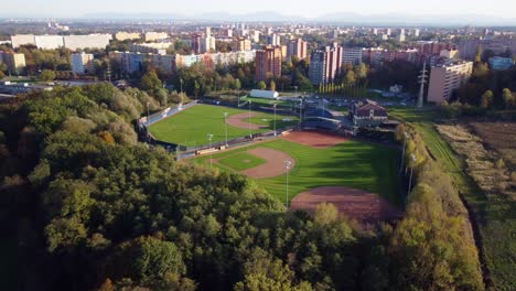 aerial view of baseball field in city
