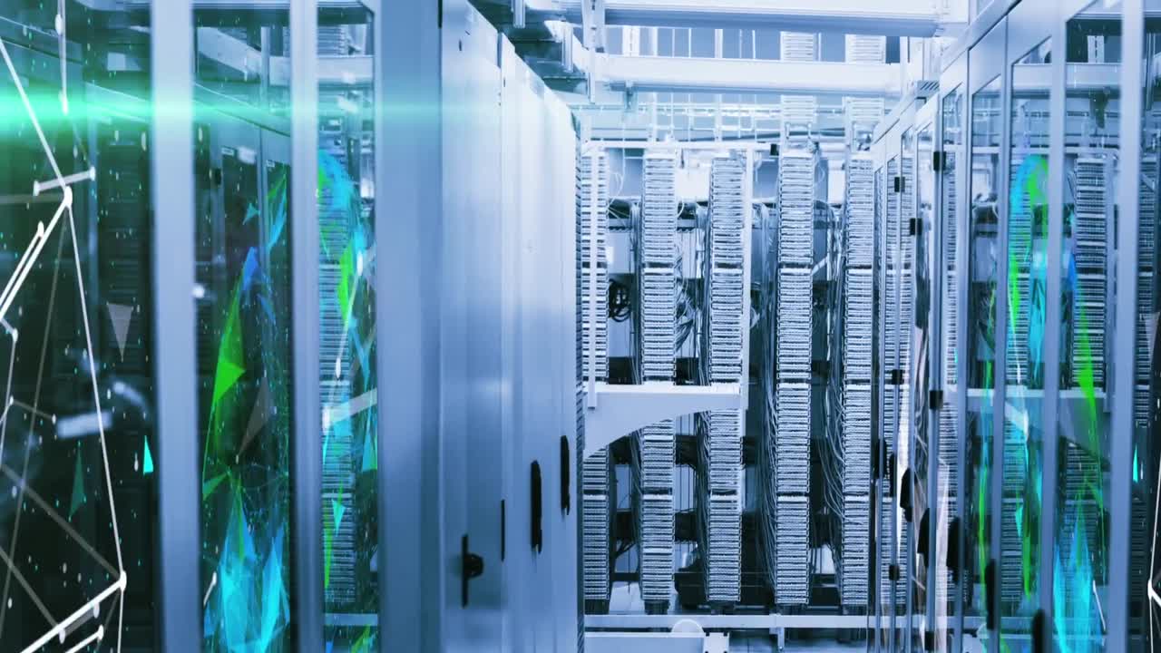 animatie van gloeiende lichten boven de serverkamer