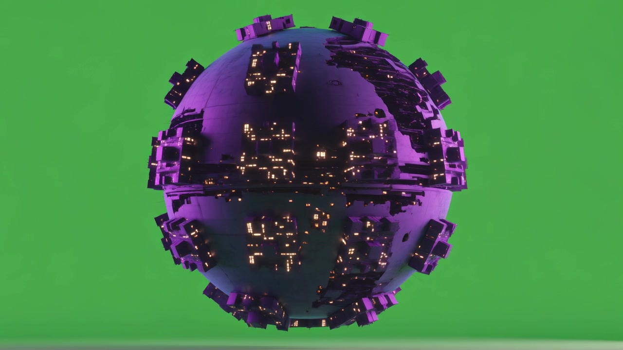 Rotating purple sphere on playback at green backdrop, revealing radial blocks and lit windows