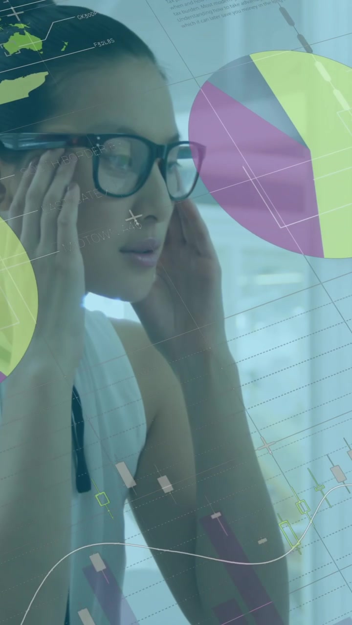 Animazione dell'elaborazione di dati statistici con una donna asiatica stressata in ufficio.