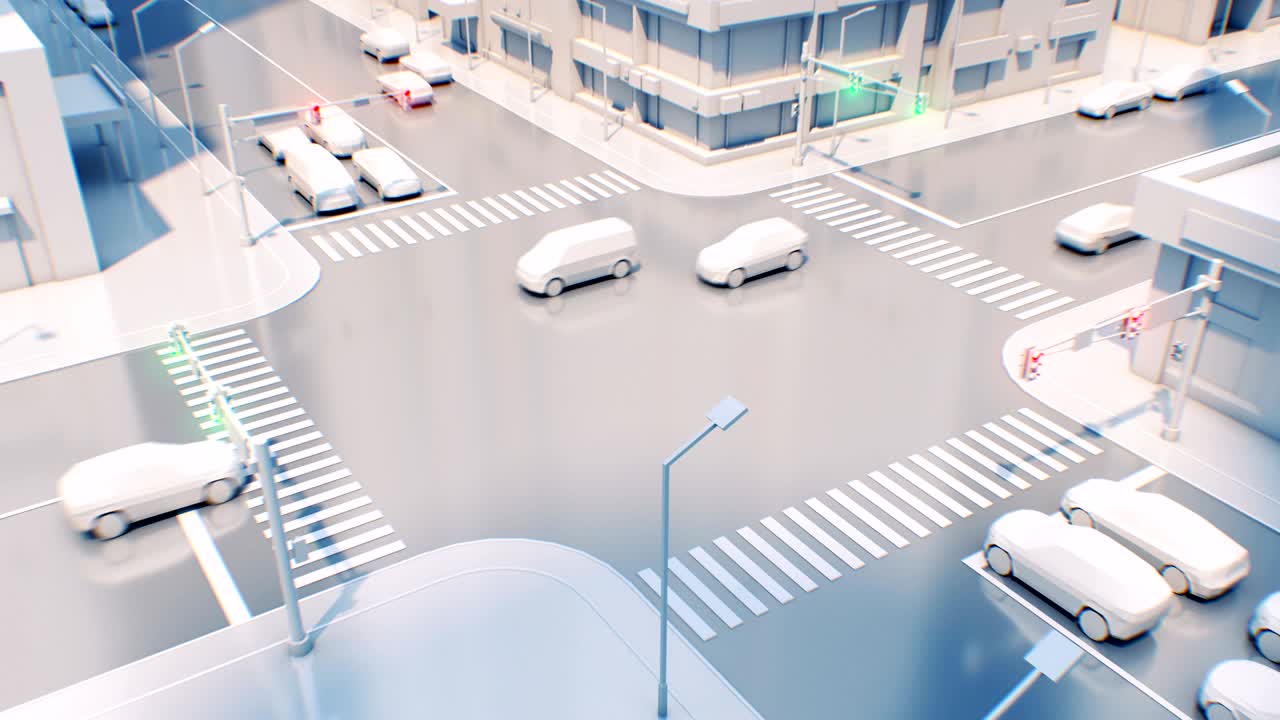 현대 도시에서 아름다운 교차로, 신호등이 녹색과 빨간색으로 변하는, 거리에서 차량 교통 3d 애니메이션.