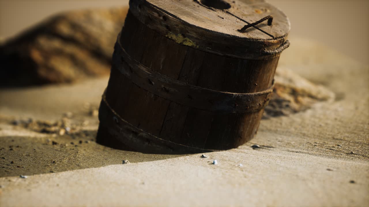 해변 에 있는 모래 에 있는 오래된 나무 바구니