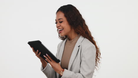 Tablet,-laugh-and-young-woman-in-a-studio-scroll