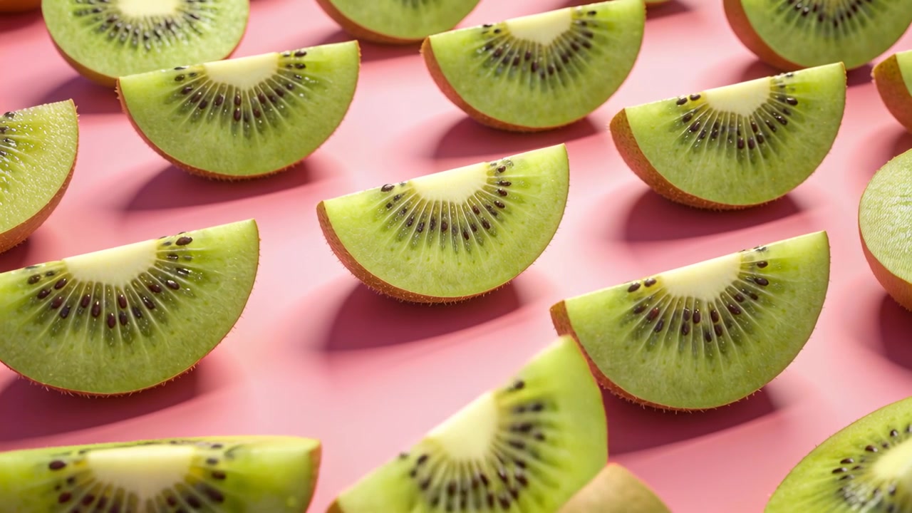 Moving camera shifting focus across halved kiwi wedges on pink tabletop in studio, revealing seeds