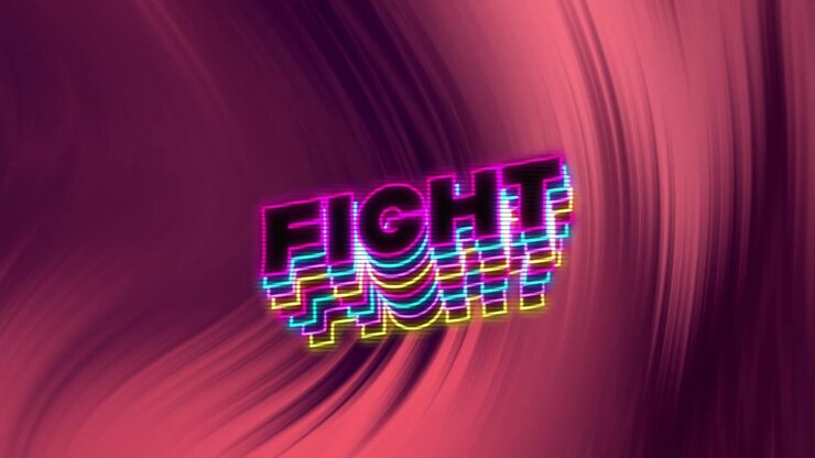 Animazione del testo 'fight' su sfondo con scie luminose