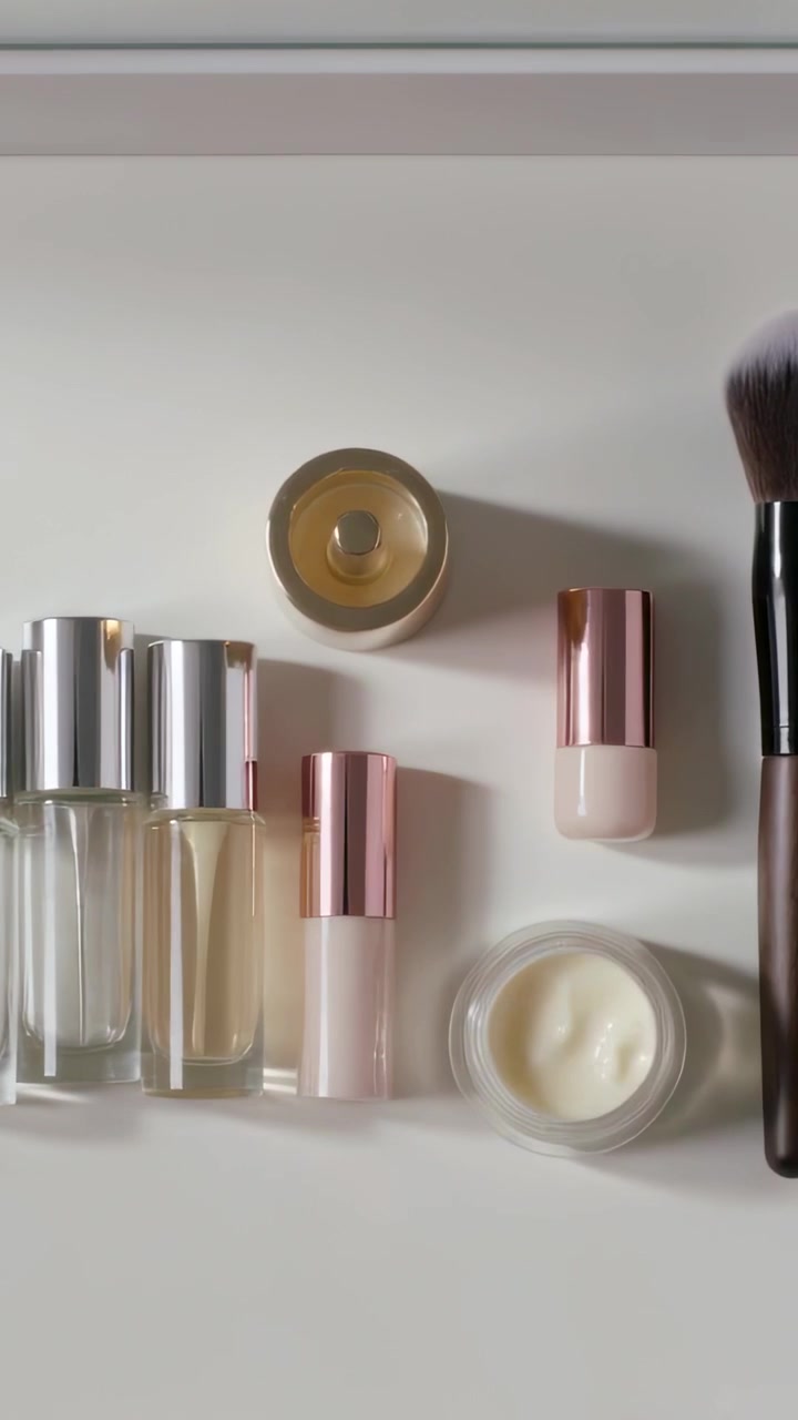 Video verticale: Mani che si allungano prendendo un vasetto di crema dorata su una toeletta bianca, controllando l'etichetta e la base