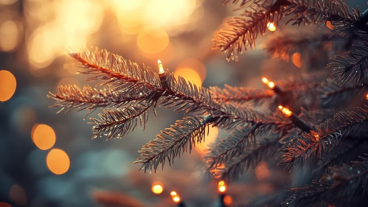 Close-up of a pine branch with warm lights, creating a cozy holiday atmosphere