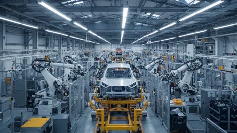 a futuristic automotive manufacturing facility showcasing robotic automation and precision engineering in an advanced production line for vehicle assembly