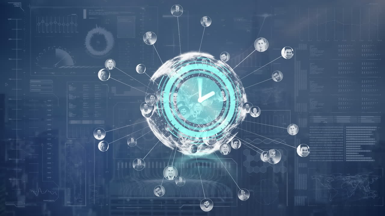 어두운 배경에 디지털 인터페이스를 통해 시계의 애니메이션