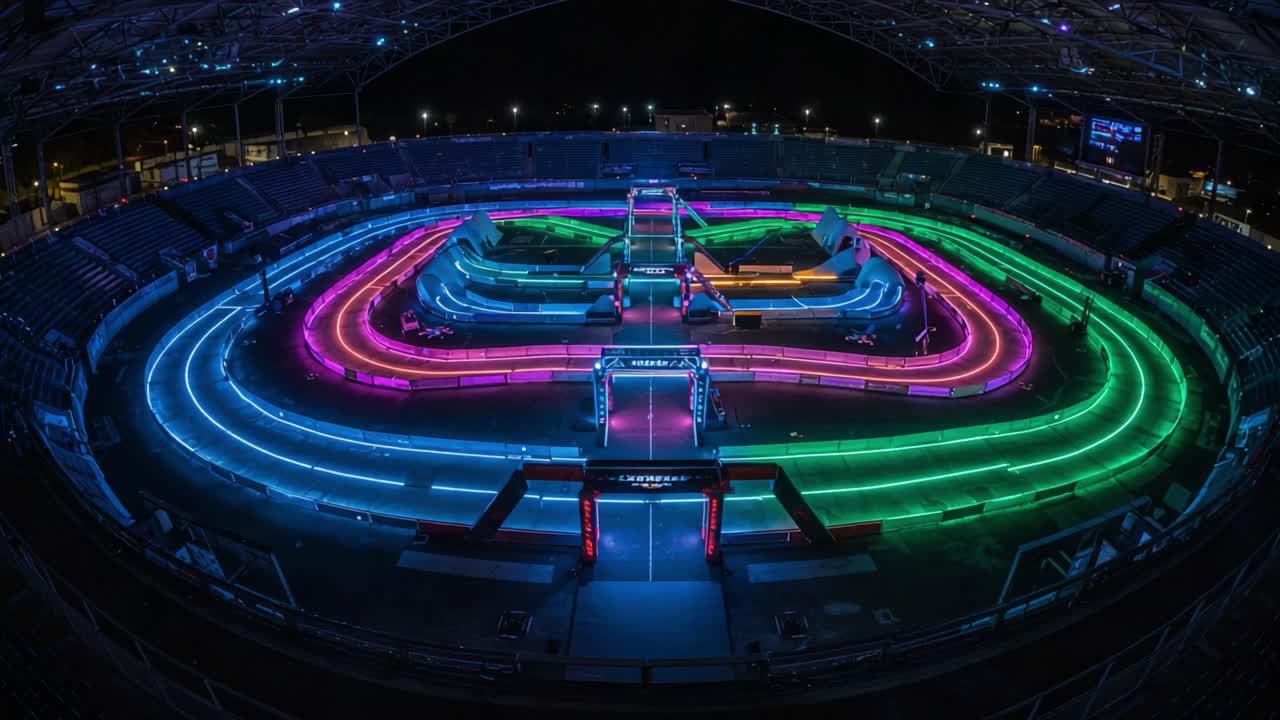 A Stunning Nighttime Racing Arena Awash in Colorful LED Lights Showcasing a Unique Track Layout Designed for High-Speed Racing Events and Spectacle