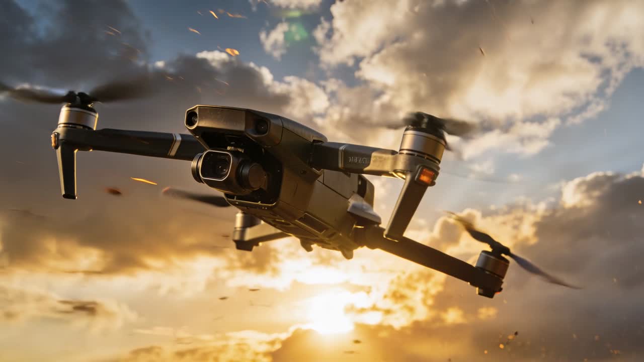 Quadricottero in volo si avvicina, abbassando il beccheggio al tramonto, mostrando telecamera gimbal ed eliche rotanti.