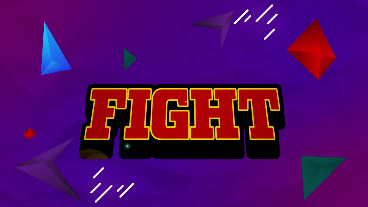 Animation of fight text over colourful shapes on purple background