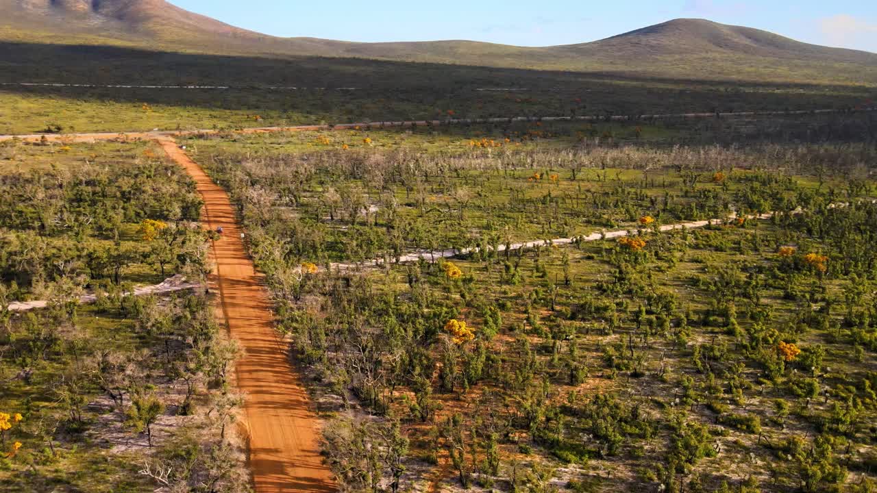 Aerial arc, car drives down dirt road, lush landscape, Western Australia