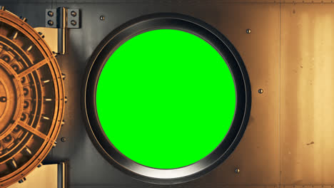 Bank-vault-door-opening-with-camera-following-inside.-Green-screen-in-the-opening.-Secure-space-for-money,-valuables,-documents.-Complex-lock-witch-golden-mechanisms-protecting-from-theft.-4k-HD