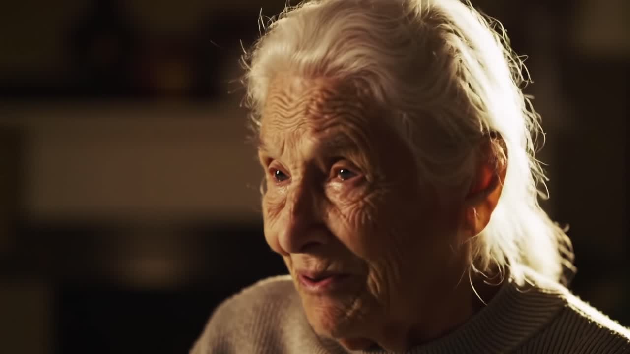 Una riflessione sentita: immortalare la saggezza e le emozioni di un'anziana signora che condivide storie di vita in un ambiente caldo e intimo