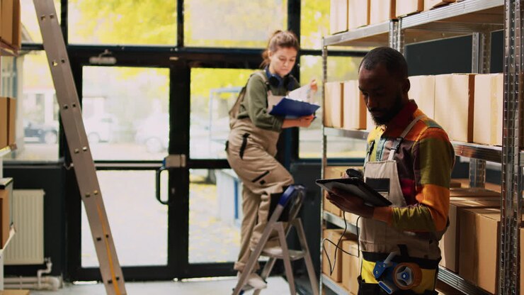 Warehouse workers managing inventory
