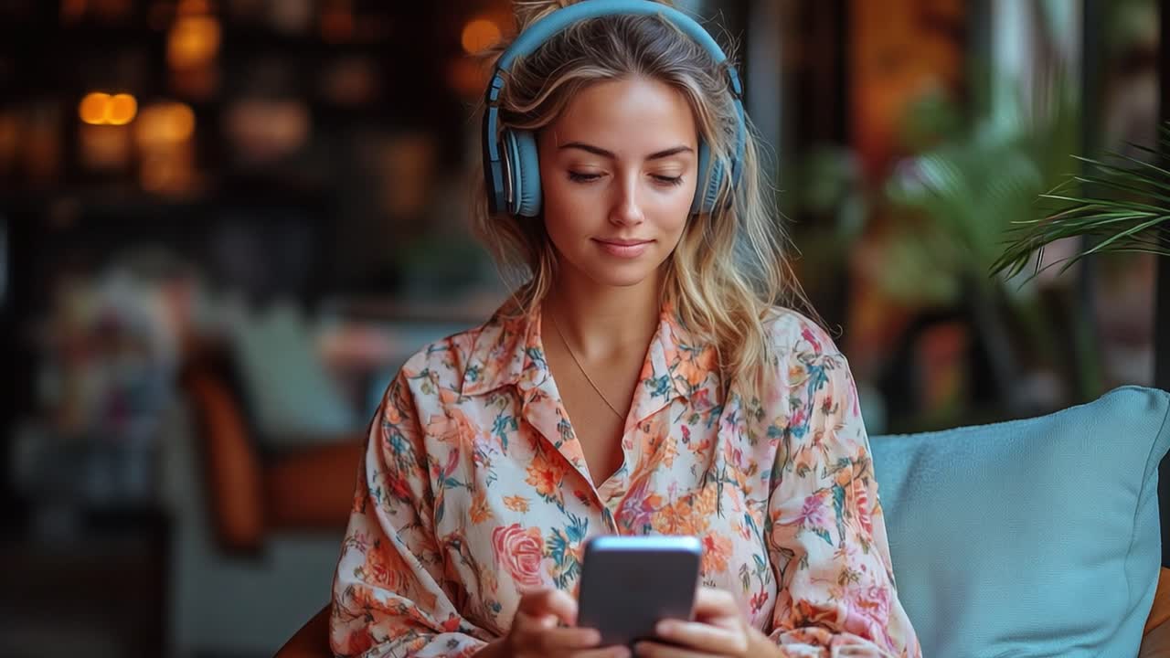 Donna che ascolta musica con cuffie e smartphone