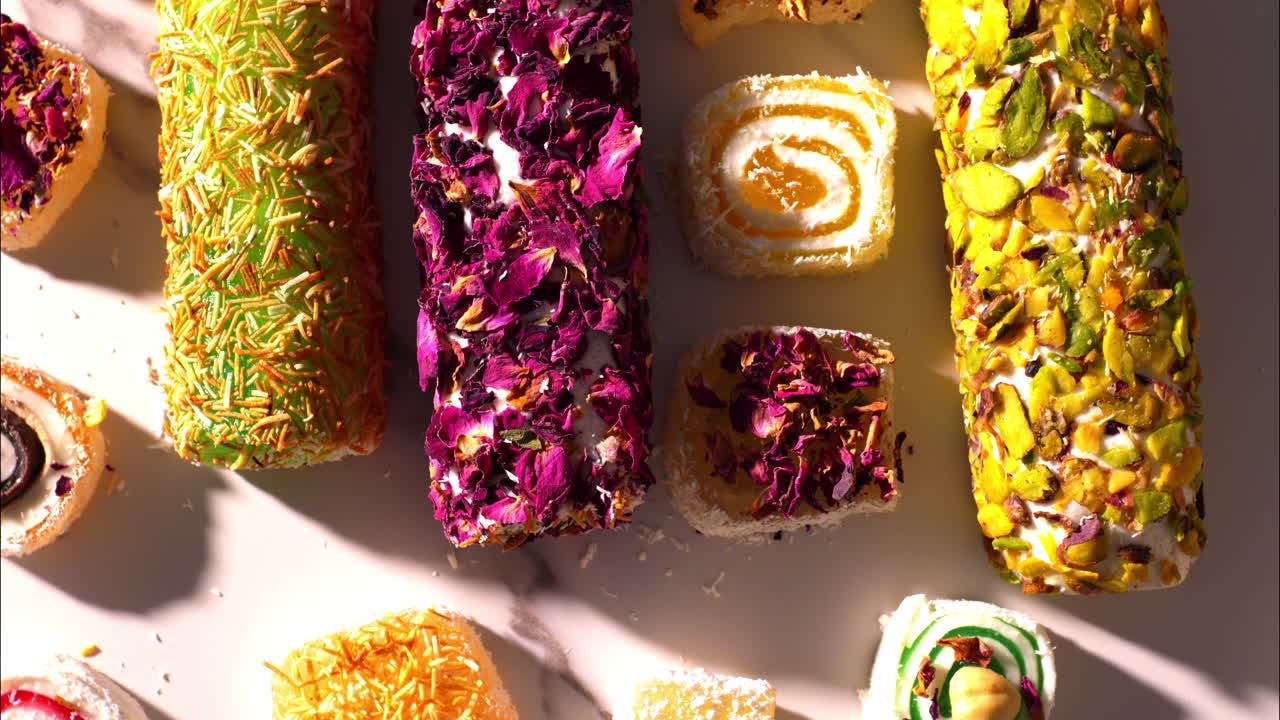 rotating camera movement captures a colorful assortment of Turkish delight varieties, garnished with rose petals, kataifi, pistachios, and decorative swirls—elegantly arranged on a marble surface