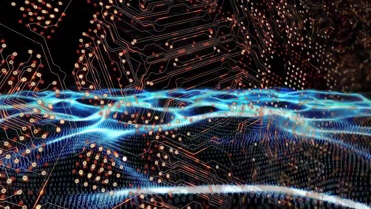 Digital animation of microprocessor connections over blue digital waves against black background