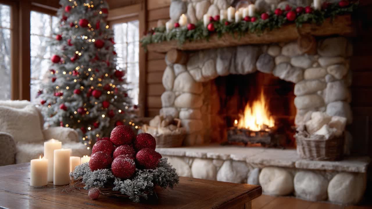 Cozy Winter Wonderland: A Beautifully Decorated Living Room Featuring a Christmas Tree, Glowing Candles, a Stone Fireplace, and Festive Ornaments for the Holiday Season