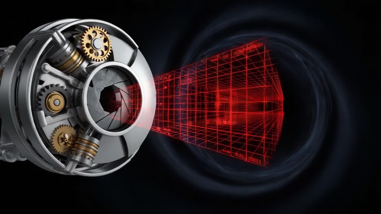 Exploring Advanced Technology: A Close-Up View of a High-Tech Device Emitting a Red Laser Beam Through a Complex Geometric Grid in a Futuristic Environment