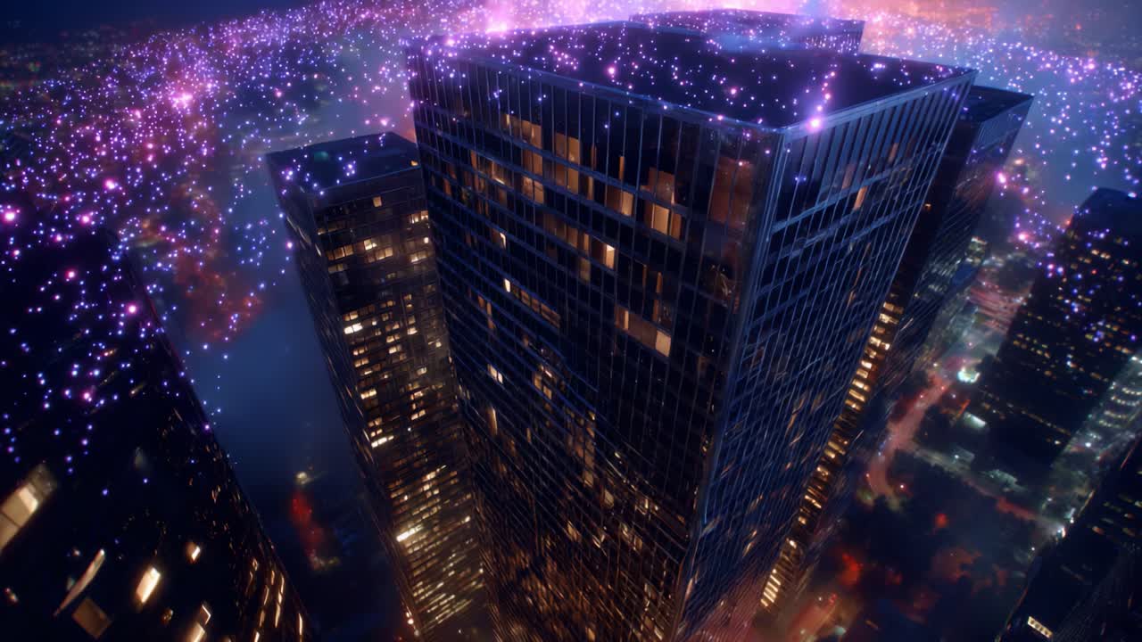 A Stunning Nighttime Skyline Illuminated by a Dazzling Display of Colorful Sparks and Glittering Lights Over a Modern High-Rise Building, Capturing the Essence of Urban Magic and Wonder