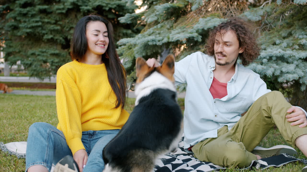 Couple enjoying a picnic in the park with their dog