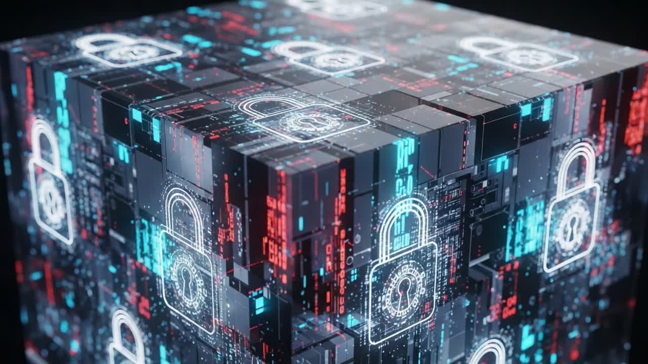 A High-Tech Digital Cube Showcasing Advanced Security Concepts with Interactive Lock Symbols and Futuristic Data Patterns Emphasizing Cybersecurity Innovation