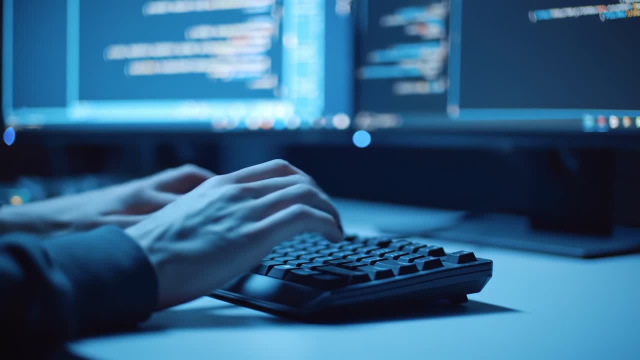 Silent Focus: A Deep Dive into the World of Coding and Programming, Showcasing the Intense Engagement of a Developer Amidst Lines of Code in a Dimly Lit Environment